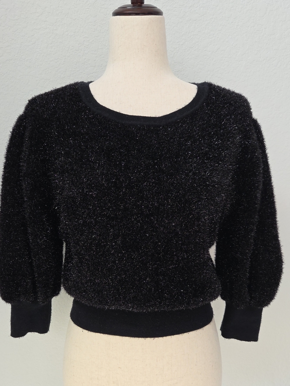 Anthropologie MAEVE PAMELA TINSEL Black Shimmer Sweater Shiny Soft Crop XS Goth